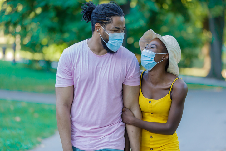 Happy African-American Man is Walking in the Public Park with His Lovely Wife During Time of Virus.